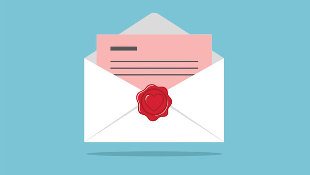 A lovely sealed pink letter emerging from an open white envelope on a gentle blue background