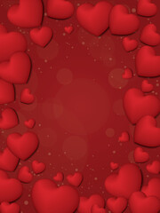 Many red heart balloons frame on red background with bokeh and sparkle effect