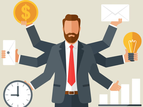 A stylized representation of a businessman with multiple arms, each holding tools of productivity, symbolizing the ability to juggle many tasks efficiently in the modern work environment.