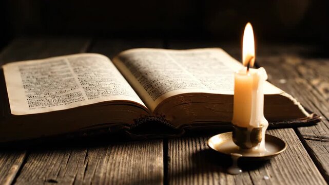 An old bible with pages turning by candlelight on a rustic wooden table. Reading ancient scripture in a dark room. Religion and faith concept