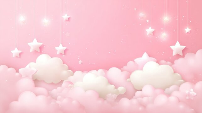 Soft 3D clouds with moon and stars pink background for baby shower and nursery design. Cute dreamy scene for newborn invitation, kids poster and children decor.