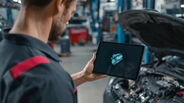 Mechanic Using Tablet for Diagnostics in Auto Repair Garage with 3D Engine Model Displayed on Screen