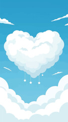 Dreamy heart-shaped cloudscape with whimsical stars dangling gently under a vast azure sky