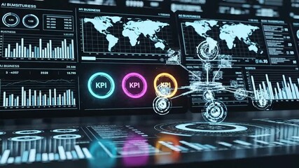 Futuristic business dashboard with KPI metrics and global data analysis on multiple screens