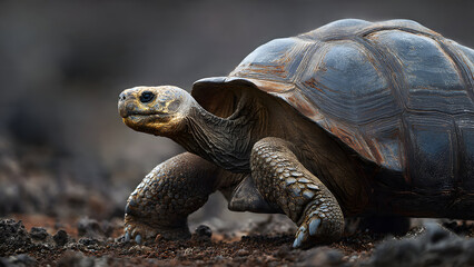 Fototapeta premium Close-up of a Giant Tortoise Walking on Dark Soil in a Natural Habitat for World Wildlife Day