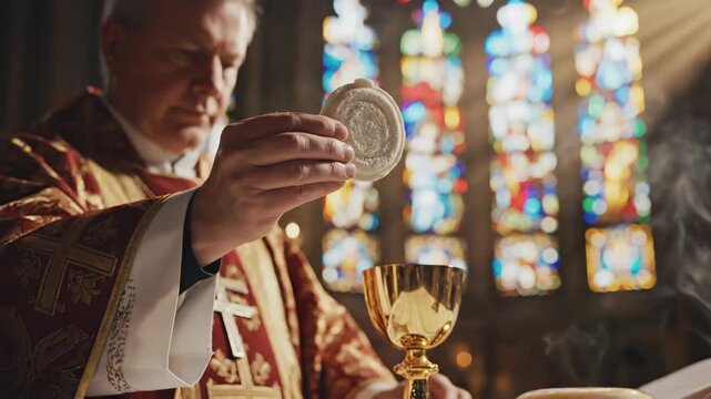 Catholic priest holding the Eucharist host during Mass inside a church. Solemn religious ceremony with a golden chalice, incense smoke, and stained glass background