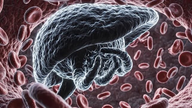 Parasite attacking red blood cells in human bloodstream.