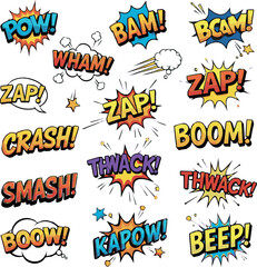  Create kinds of Different yeah comic word with Carton symbol on white Background.