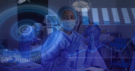 Surgeon rotating toward camera initiating AR HUD showing data bars and line graph for surgery - Powered by Adobe