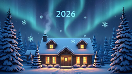 Cozy snow covered house with aurora borealis on a winter night 2026