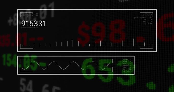 Showing data dashboard panel floating over pixelated grid, featuring bar chart and sine wave graph