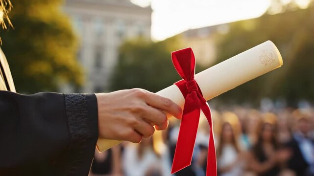 Hand holding a diploma with a red ribbon at an outdoor graduation ceremony. Student celebrating academic achievement and future success