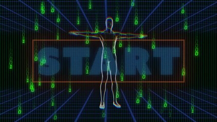 Silhouette appearing then rotating while binary digits falling around START text showing activation - Powered by Adobe