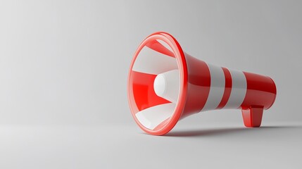 Vibrant red and white megaphone on gray background for announcements