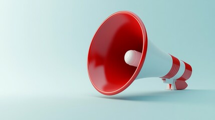 Vibrant red and white megaphone on light blue background for announcements