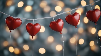 Red heart balloons on a string with bokeh lights background
