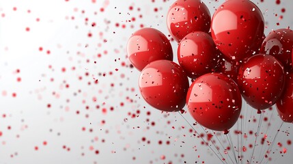 Vibrant red balloons floating with confetti in air