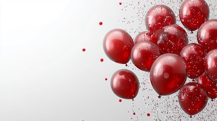 Vibrant red balloons floating with confetti on white background