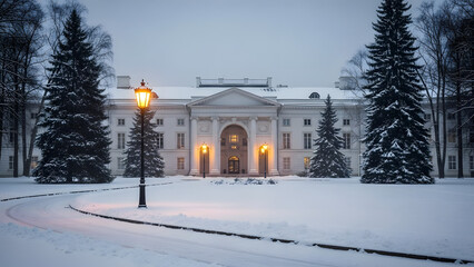 Large white mansion with lit windows on a snowy evening surrounded by pine trees