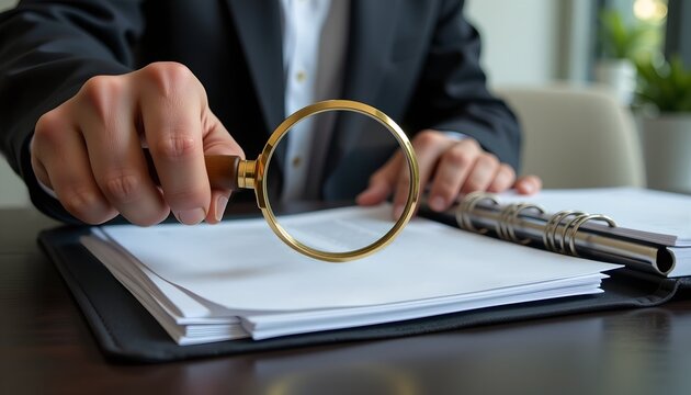 Business document review with magnifying glass.