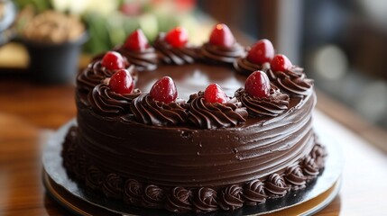 Delicious chocolate cake with cherries on top for dessert