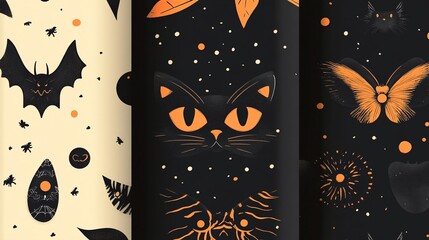 Spooky Halloween patterns with cats, bats, and butterflies