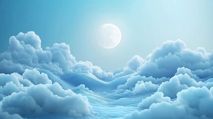 Dreamy moonlit cloudscape with serene blue waves