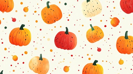 Vibrant orange pumpkins and colorful dots on cream background