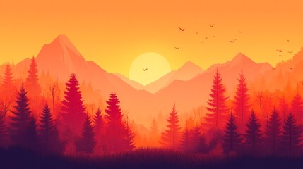Vibrant sunset over mountain landscape with trees and birds