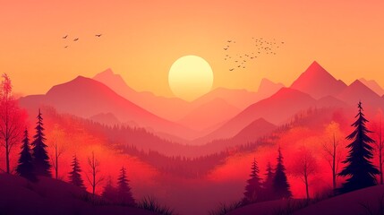 Vibrant mountain landscape with trees and birds at stunning sunset