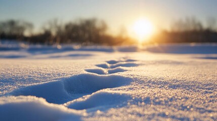 Serene winter landscape with animal footprints in snow at sunrise