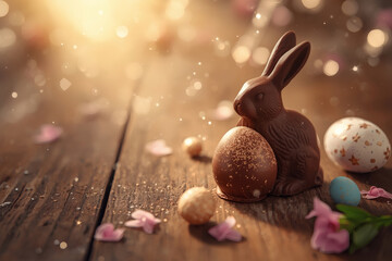 A beautiful postcard. A banner. Chocolate Easter eggs and a chocolate rabbit on a wooden background. Easter sweets and treats. The concept of a bright Easter holiday in 2026.