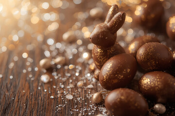 A beautiful postcard. A banner. Chocolate Easter eggs and a chocolate rabbit on a wooden background. Easter sweets and treats. The concept of a bright Easter holiday in 2026.