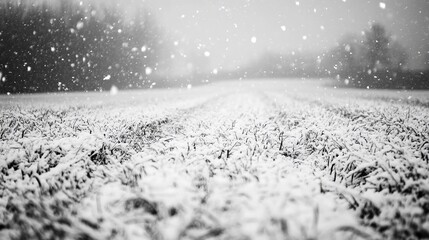 Snowflakes falling on a serene winter landscape with a field