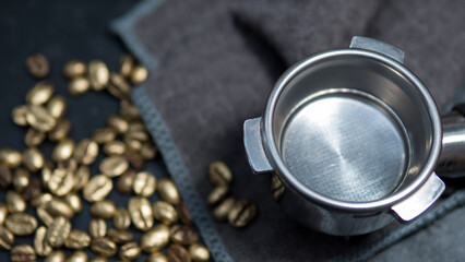 Golden Coffee Beans with Espresso Portafilter Symbolizing Luxury and Rising Prices