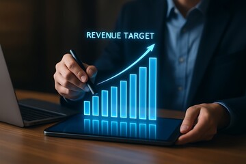 Businessman using stylus pen on tablet analyzing revenue target chart with rising bars representing profit growth and company performance improvement in digital business analytics concept