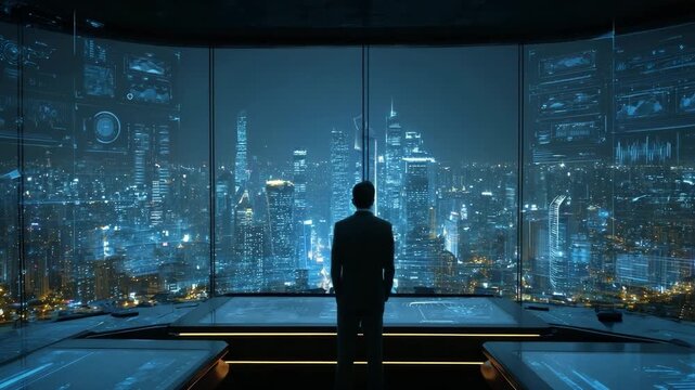 Man in a futuristic control room overlooking a cityscape at night with blue lights