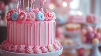 Delicious pink birthday cake with sweet treats on top