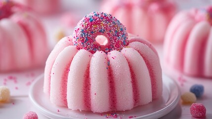 Delicious pink dessert with colorful sprinkles on top