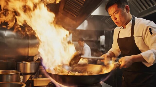 Professional Asian chef cooking with a large fire in a wok. Man tossing stir-fry with dramatic flames in a commercial kitchen in slow motion. Chinese cuisine concept