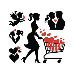 Silhouette of woman pushing shopping cart featuring romantic themes.