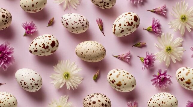 Pastel Speckled Easter Eggs with Spring Flowers on Pink