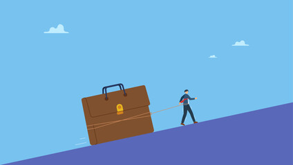 Fototapeta premium Strong businessman drag big business briefcase uphill. Persistence, effort and motivation to be success, challenge, overcome difficulty and achieve target, hard work, endurance and practice.