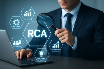 Root cause analysis concept with businessman using magnifying glass to identify problem process innovation performance improvement teamwork solution productivity growth strategy technology and data