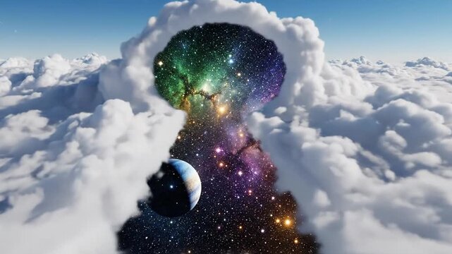 Dreamlike universe silhouette in fluffy clouds, ethereal sky panorama