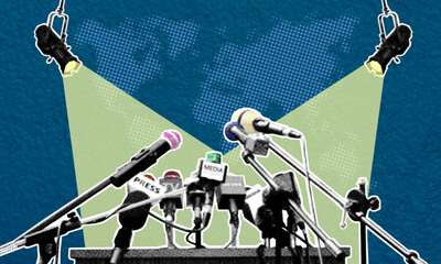 The interior of a press center with microphones and spotlights against the backdrop of a world map. Conference room. Briefings, interviews, presentations, news reporting. Award ceremonies, internation