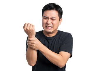 A distressed young Asian man wearing a plain black t-shirt experiences intense wrist pain holding his uncomfortable hand with a strong grimace on his face against a dark studio background indicating
