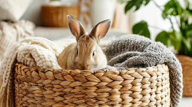 Cute beige domestic rabbit sitting in woven seagrass basket between soft knitted blankets on blurred cozy living room background with green houseplants, warm pet friendly home comfort concept