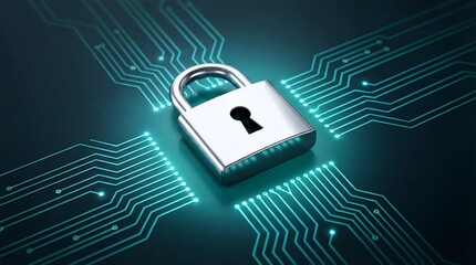 Digital security padlock protecting electronic circuits on a dark background