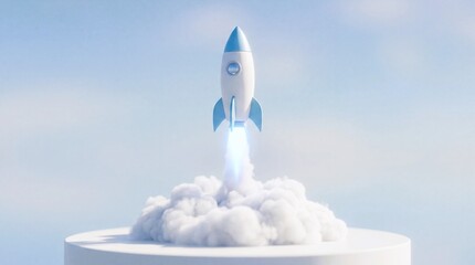 Cartoon rocket launching upwards in blue sky symbolizing startup success